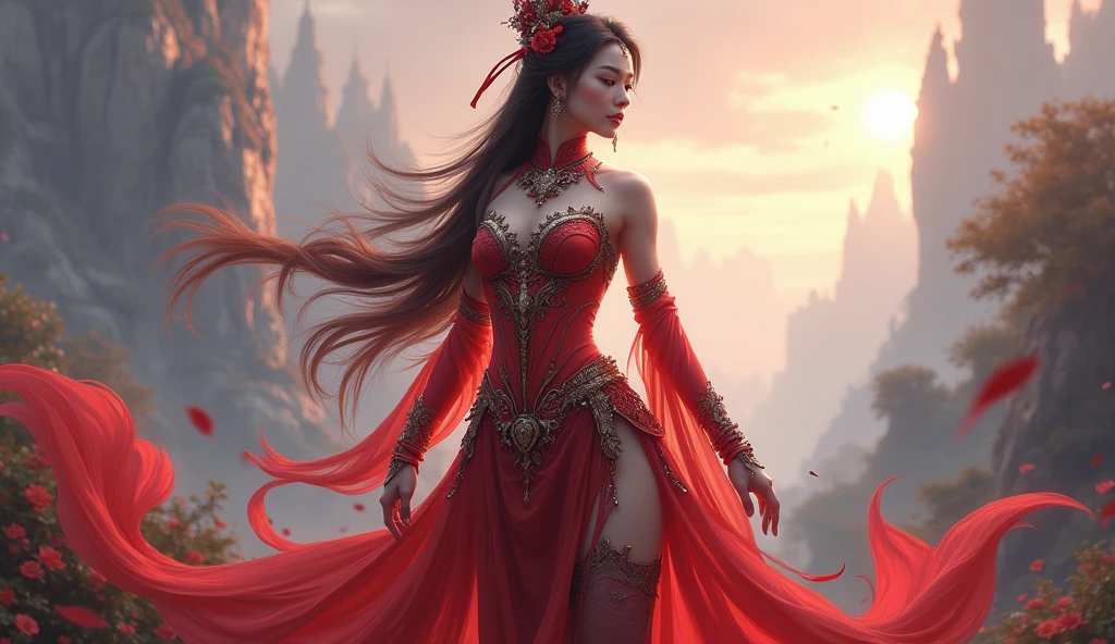 Indonesia as a south east asian curvy female League of Legend creature in carmine red and white colors. Intricated clothing. Cinematic Fantasy sci-fi landscape background