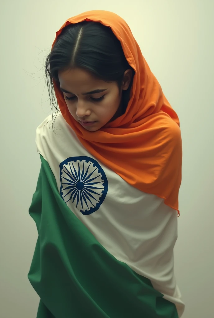 a picture of vulnerable girl oppressed my men and society wrapped around an Indian flag