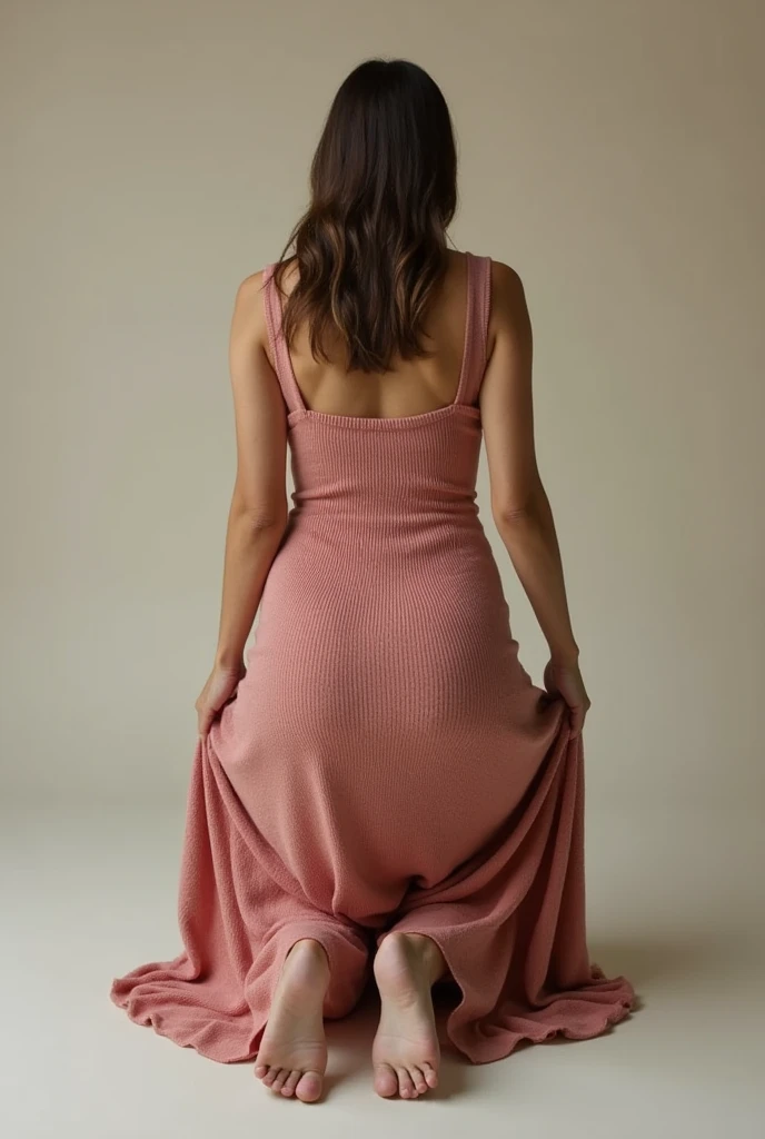 woman bending down on her knees and hands in a maxi knit dress, rear view angle fully