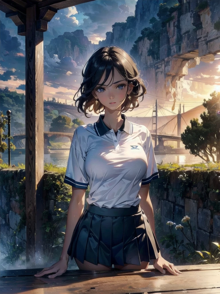 absurdres, RAW photo, extremely delicate and beautiful, masterpiece, Best Quality, ultra high resolution, 32k, hyper realistic, ultra-detailed, Very detailed CG 8k wallpaper, detailed background, landscape, Beautiful Lighting, Perfect Lightning, Realistic Shadows, perfect ???????, anatomically correct, ideal ratio body proportions, perfect figure, Perfect Style, Perfect balance, super Detailed skin, in her 30s, very Slim body, narrow waist, very small head, very small face, delicate facial features, handsome detailed woman, very detailed eyes and face, realistic face proportions, Realistic beautiful face, Realistic beautiful eyes, tearful mole, earring, very huge round tits, medium short hair, asymmetrical hair, wavy hair, outdoor, tennis uniform, polo shirt, tight mini skirt,