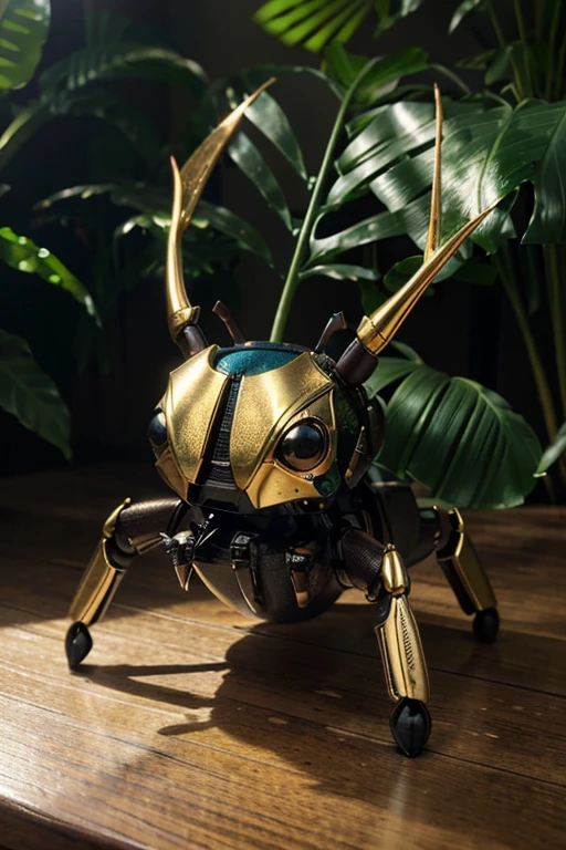 The Thai robot stag beetle glass art is beautiful, with a golden and blue color, fully rendered. It reflects sunlight and lives amongst the lush green foliage. It features cinematic 3D quality, super realistic HD ultra movie 16k resolution, and looks incredibly lifelike.