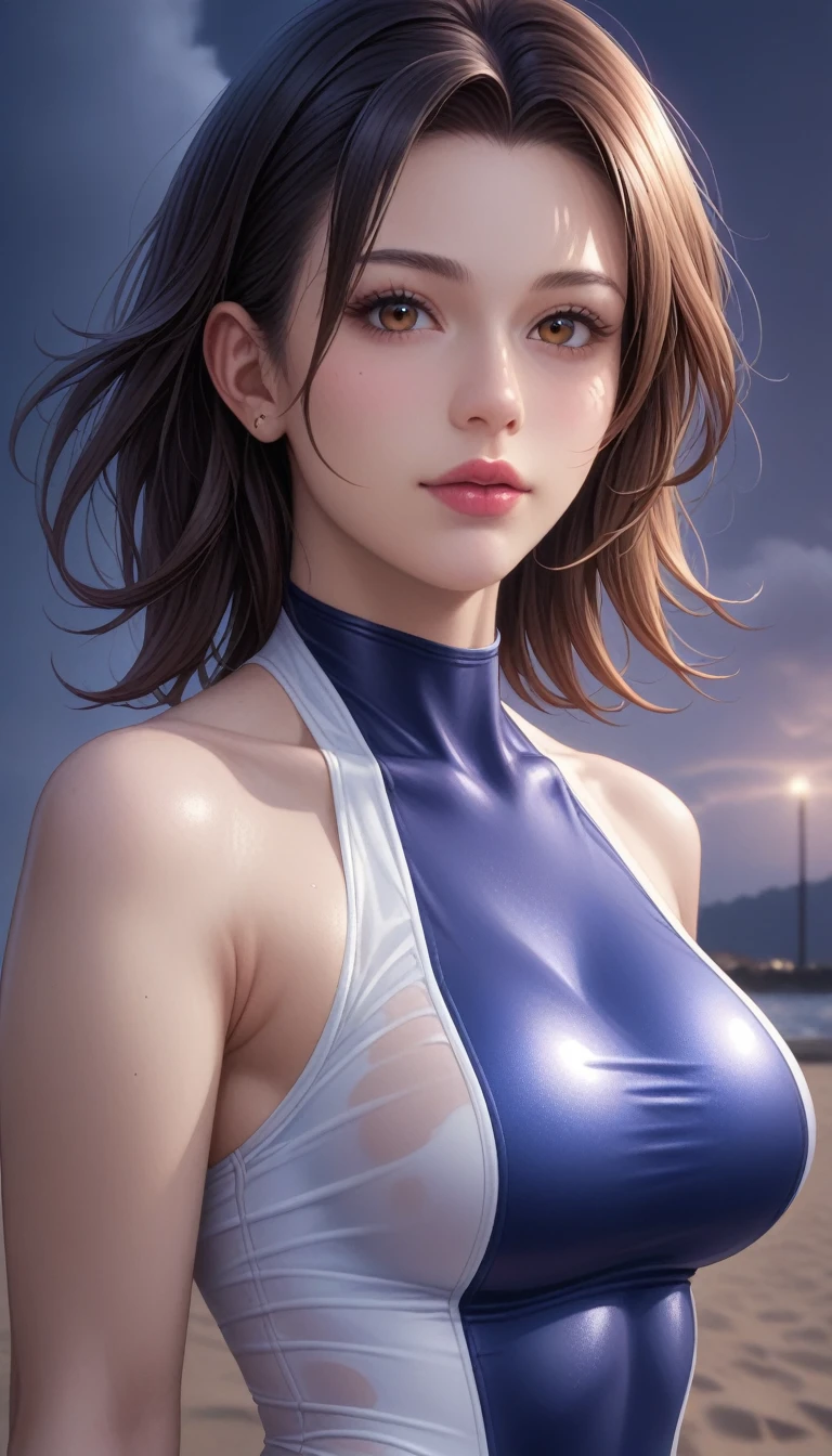 score_9, score_8_superior, score_7_superior, High-resolution CG illustration,A masterpiece in 32K resolution,Highest quality,it is really amazing,Very detailed,Ultra-high resolution,Ultra-realistic,Realistic,Increased depth of field,Cinematic lighting,
Sexy mature Japan woman,
black straight medium hair,Ultra-detailed and beautiful face,Calm and gentle look,Beautiful brown eyes,Translucent white skin,Realistic skin texture,Great proportions,
Sexy high leg swimsuit,
Bold design,Chic color scheme,Detailed fabric texture,
Dark overcast sky on a dull night,Dark clouds filling the sky,Thundercloud,Coastline at night,Stormy seas,delay々A desolate sandy beach that continues,
Cinematic Angle,