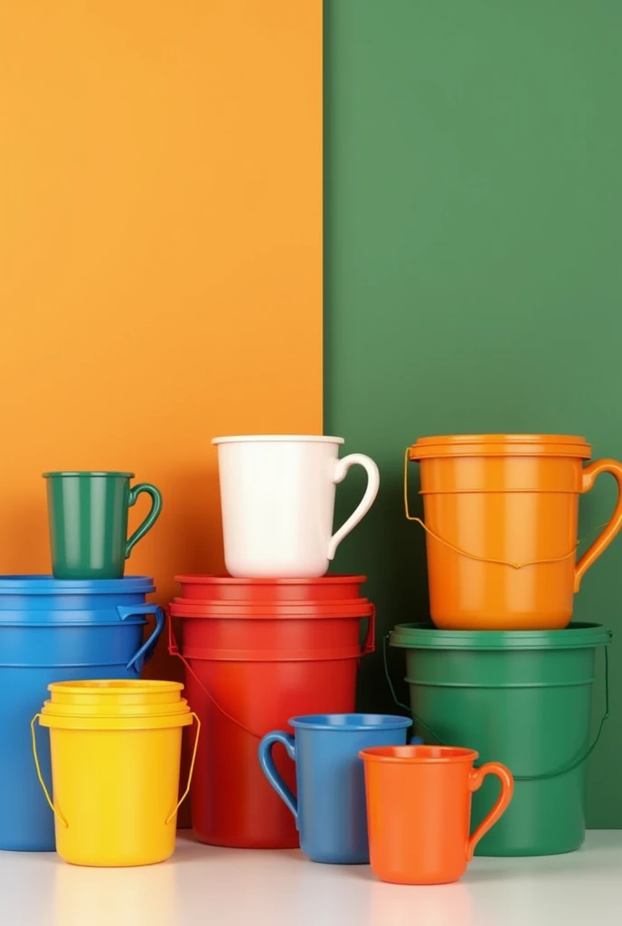 (photorealism:1.2) A colourful plastic items such as good quality buckets, mug, tubs and many plastic items representing the flag colour of India in the background with a realistic photo