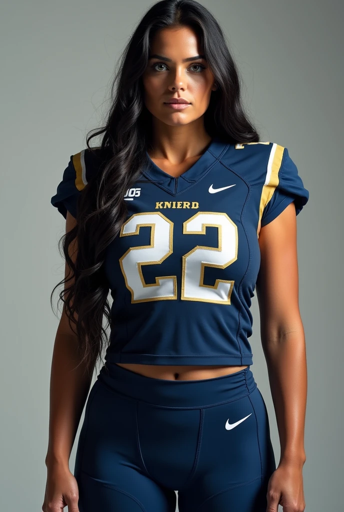 A photo of Emma Hughes, a quarterback for the female UCF Knights football team. Number 22. Very tall, very busty, very long dark hair, white skin. (Colossal breasts:1.5) Full body photo