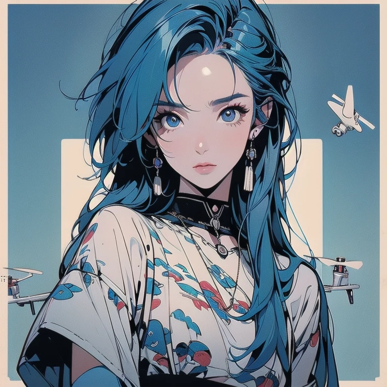Trigun、people、Beautiful woman、Movie Posters、Upper Body、Model pose、mysterious、Small breasts、Short sleeve、(((A detailed and complex drone)))、(((The perfect drone)))、(((Blue Hair Color)))、(((Many eyeballs)))