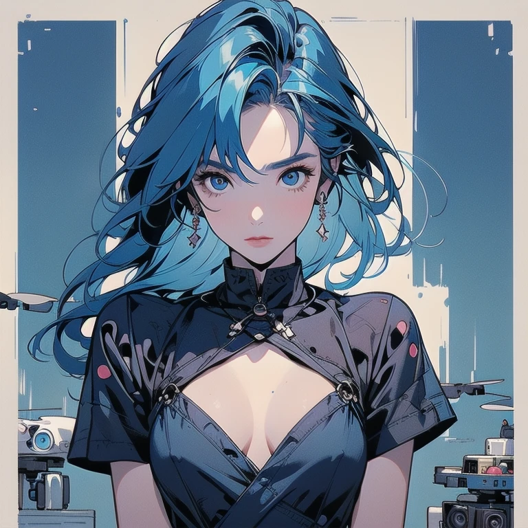 Trigun、people、Beautiful woman、Movie Posters、Upper Body、Model pose、mysterious、Small breasts、Short sleeve、(((A detailed and complex drone)))、(((The perfect drone)))、(((Blue Hair Color)))、(((Many eyeballs)))