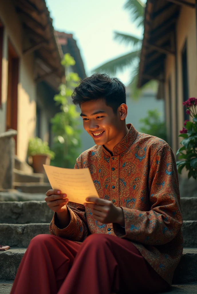 a young malay man smiling while looking at a love letter. Wear baju melayu, sitting on stairs in a Malaysian village, 1990s era, detailed facial features, intricate clothing, cinematic lighting, vibrant colors, photorealistic, highly detailed, 4k, best quality, masterpiece