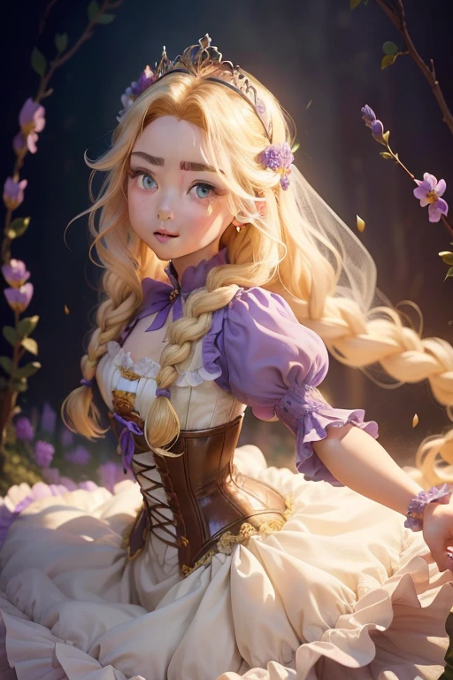 Disney, Disneyプリンセス, Rapunzel, Realistic, (Highest quality:1.1), masterpiece, (detailed:1.1), spotted light, One person, throw, (From behind), On all fours, Photo of a beautiful, sexy 26-year-old woman (Rapunzel (Tangled): Rapunzelのシグネチャードレスは、lavender dress with puff sleeves and a corset-style bodice.. The body is usually made of、、delicate lace and floral embroidery. the skirt flows from the waist, soft layers, Pastel colored fabrics, chiffon, tulle or similar.. layering adds volume and movement to the dress, Also、some with delicate floral patterns.. Rapunzelの長い, Blonde、often styled with braids or loose curls, sometimes adorned with flowers and ribbons. Also、wearing a small tiara or crown、sometimes completes a princess look.), (Realistic skin texture), (:1.3), Open your mouth, , Professional photography, Dynamic pose with high contrast,