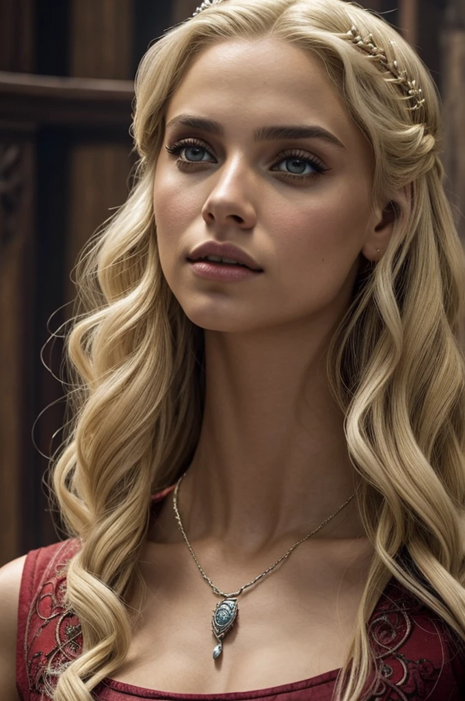 8K, RAW picture, Slavic woman, blonde hair, portrait, close-up, braided hair, crop top, lot of jewellery, warm background, realistic skin, realistic hair, realistic hands, realistic legs, realistic feet, realistic face, photorealistic, cinematic