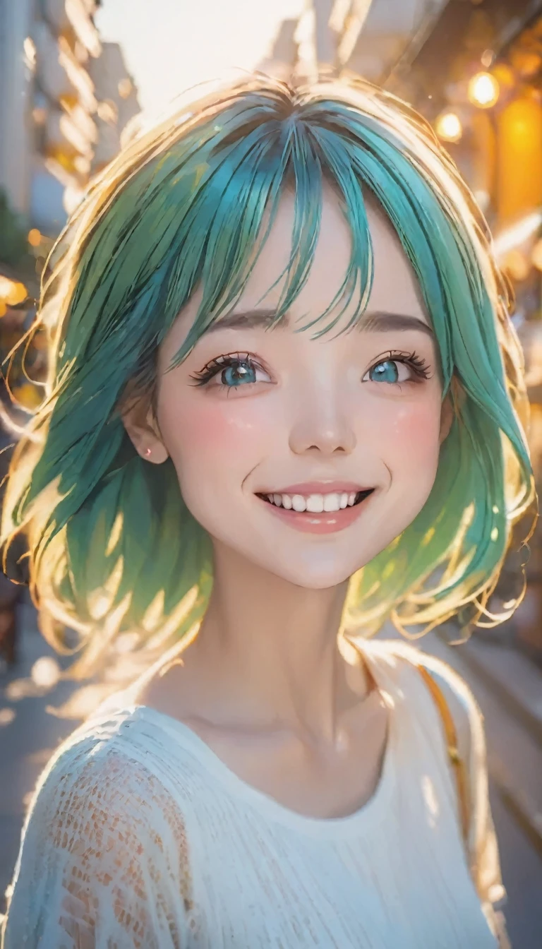 Highly detailed face, ((Drop your eyes)), cute, Vibrant colors, Soft natural light, Bokeh effect. Summer, Perfect Makeup, Professional photography, Street Snapshots, Vibrant colors, (smile, Laughter), 
