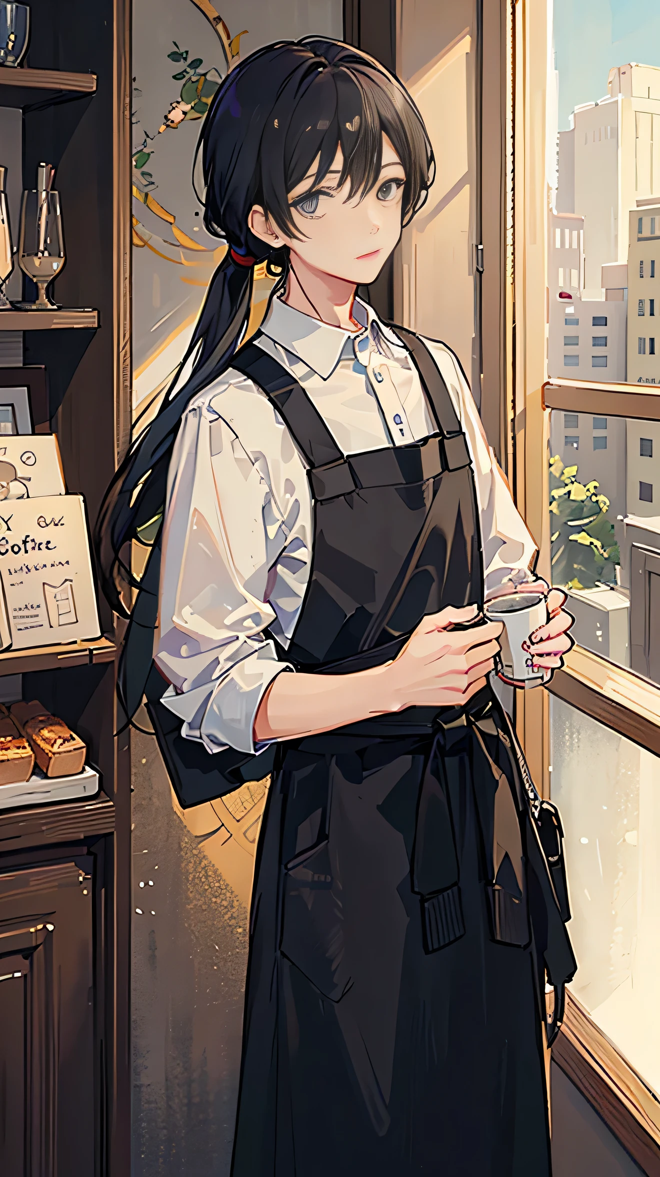 (Highest quality)), ((masterpiece)), (detailed),The background is Cafe、Holding a cup in his hand、Coffee shop manager、A man around 35 years old、A man with waist-length black hair tied back、Wearing a white shirt、Wearing a brown apron,Eye color is calm blue、Location: Inside a stylish cafe。