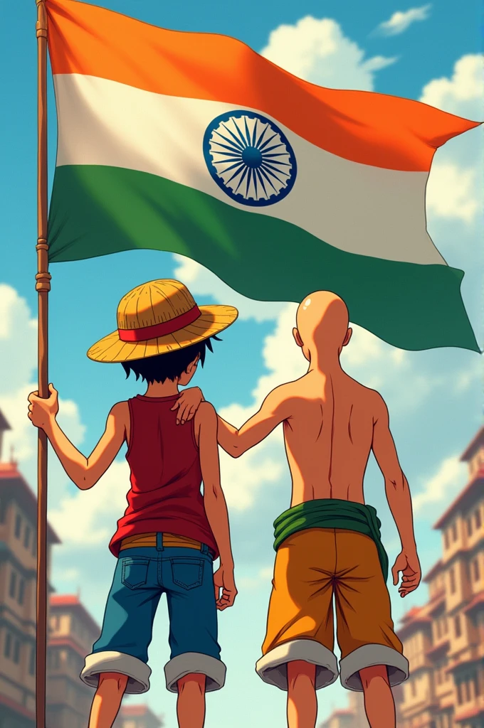 Luffy and Saitama as friend holding India flag
