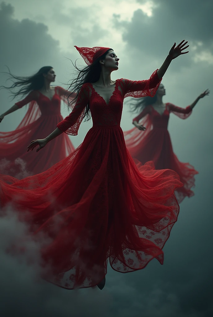 witches in a long red lace dress flying