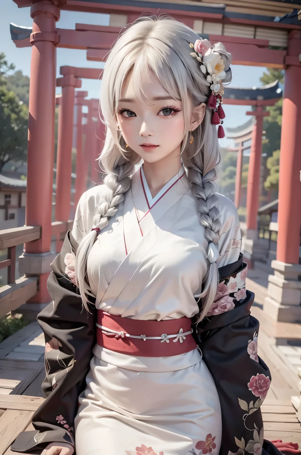 ((masterpiece:1.5,Highest quality,Beautiful images、Abstract、artistic、)(One person, solo)(Medium chest, Silver Hair、Long Hair、kimono, japanese cloth,Flower pattern kimono、Black and red kimono)(Profile portrait,Look at me sideways、Look at an angle、shake your head、Sad look, Floating Hair)(Gray background)((from the front:1.3)).face, style