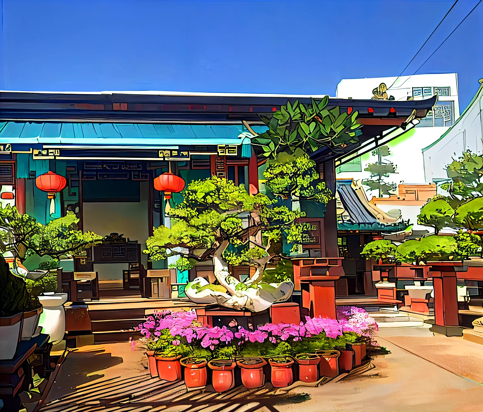 there are many potted plants and flowers in the courtyard, lush plants and bonsai trees, plants and patio, lush plants and lanterns, taken with sony alpha 9, beautiful image, chinese style, chinese temple, large plants in the background, lots of plants and flowers, vibrant greenery outside, vietnamese temple scene, taken with sony a7r camera, masterpiece work of art