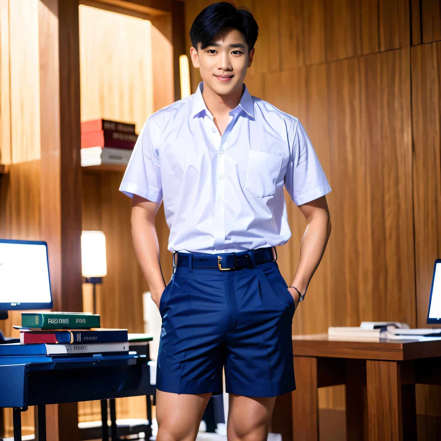 (Create a masterpiece: 1.2),(CGI art:1.3),(realistic:1.5),(After processing:1.3),(Sharp focus:1.3),10,1 man, smile, (Wear a white school shirt.), (Dark blue shorts:1.2),black belt, Korean guy , korean men, (High gloss details), chest muscles, large arm muscles, blood vessel, small muscles, Broad shoulders, looking at the audience, Balancing the eyes, (Make eye contact),fashion pose ,background in library ,