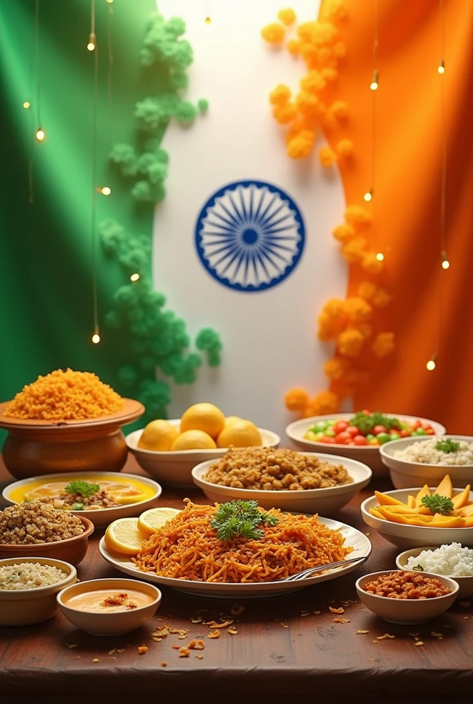 Here's a prompt you can use to generate an image that blends India's Independence Day theme with va
"A vibrant and festive scene celebrating India's Independence Day. The background should feature elements of the Indian flag, with saffron, white, and green colors creatively integrated. Surround this with traditional Indian foods like samosas, biryani, dosas, and sweets, all arranged artistically. The foods should blend into the flag design, symbolizing the richness of Indian culture. In the foreground, include the Instagram handle 'Foodiemayank' in a stylish, festive font, displayed on a banner or flag that complements the overall theme. The image should evoke a sense of cultural pride and celebration."