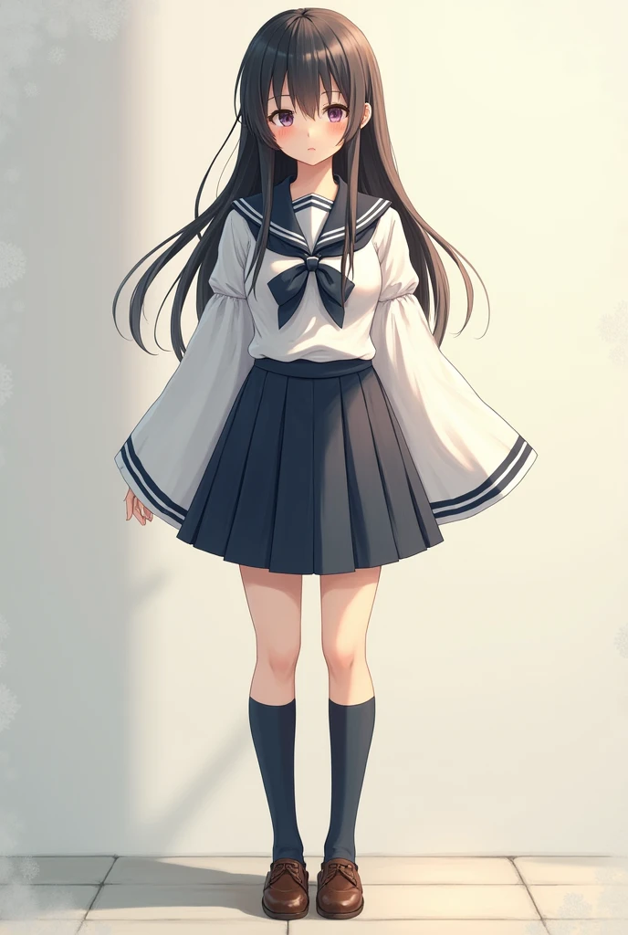 A girl in a Japanese school uniform with a short skirt, hanging sleeves, and long socks. Full body, shy appearance, large bust.