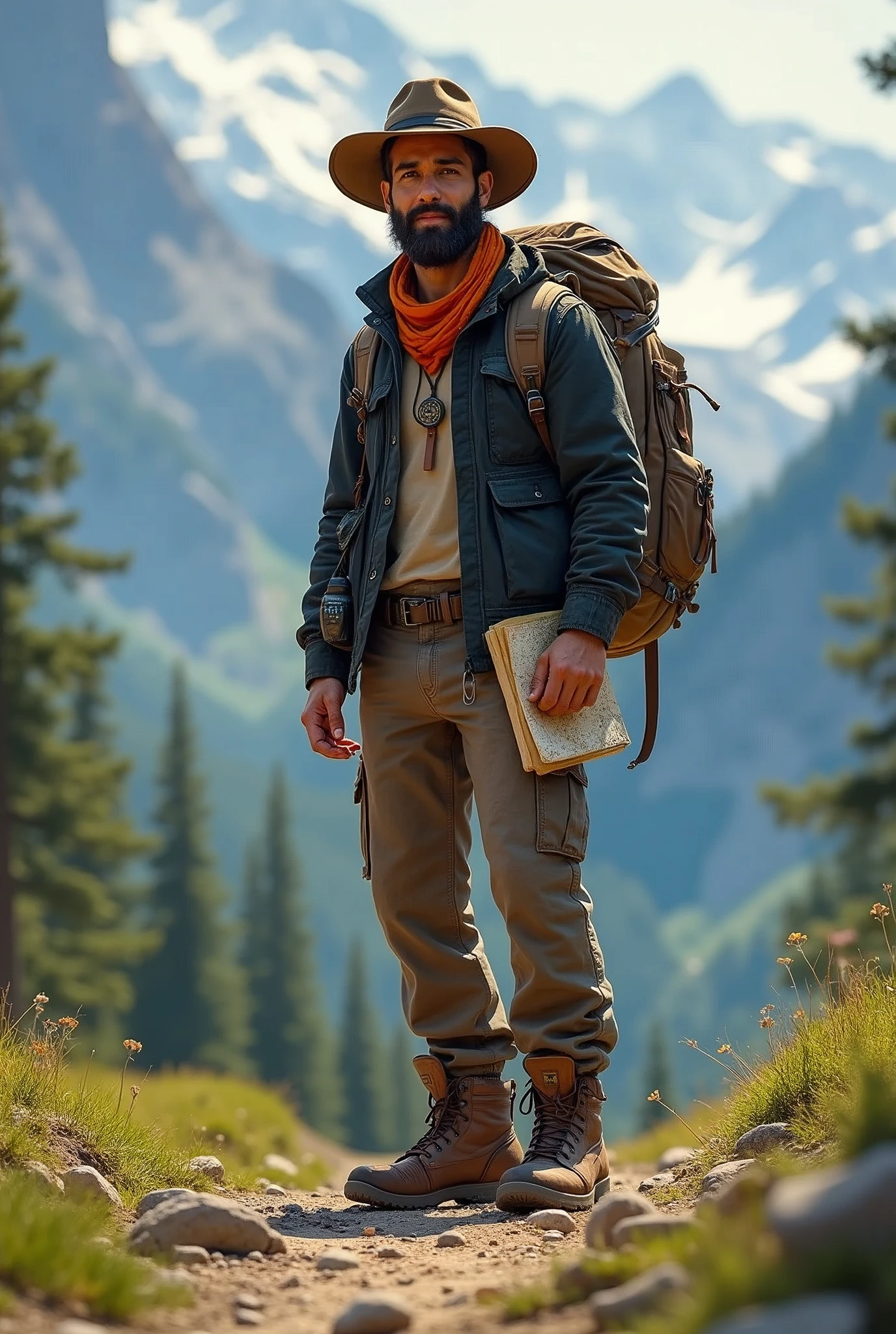 Outfit:
Upper Body: He wears a casual, dark-colored jacket, similar to the one in the photo. Underneath, he has a comfortable, earth-toned t-shirt, perhaps in dark green or brown.
Lower Body: Cargo pants or durable jeans in a neutral color like khaki or dark blue, perfect for traveling and exploring.
Footwear: Sturdy, weather-resistant boots designed for hiking and long journeys.
Accessories:
Hat: A travel-friendly wide-brimmed fedora in a neutral shade, offering protection from the sun.
Camera: A camera hangs around his neck, ready to capture his adventures.
Backpack: He’s carrying a medium-sized backpack, equipped for day trips, with visible straps and pockets for gear.
Map/Journal: In one hand, he holds a folded map or an open travel journal, symbolizing his love for planning and documenting his travels.
Binoculars/Compass: A compass or binoculars are attached to his belt, ready for any spontaneous exploration.
Scarf: A brightly colored scarf or bandana adds a pop of color to his outfit, emphasizing his adventurous spirit.
Background:
Scenery: The background could feature mountains or a lush forest, aligning with the adventurous and nature-oriented theme of his character.