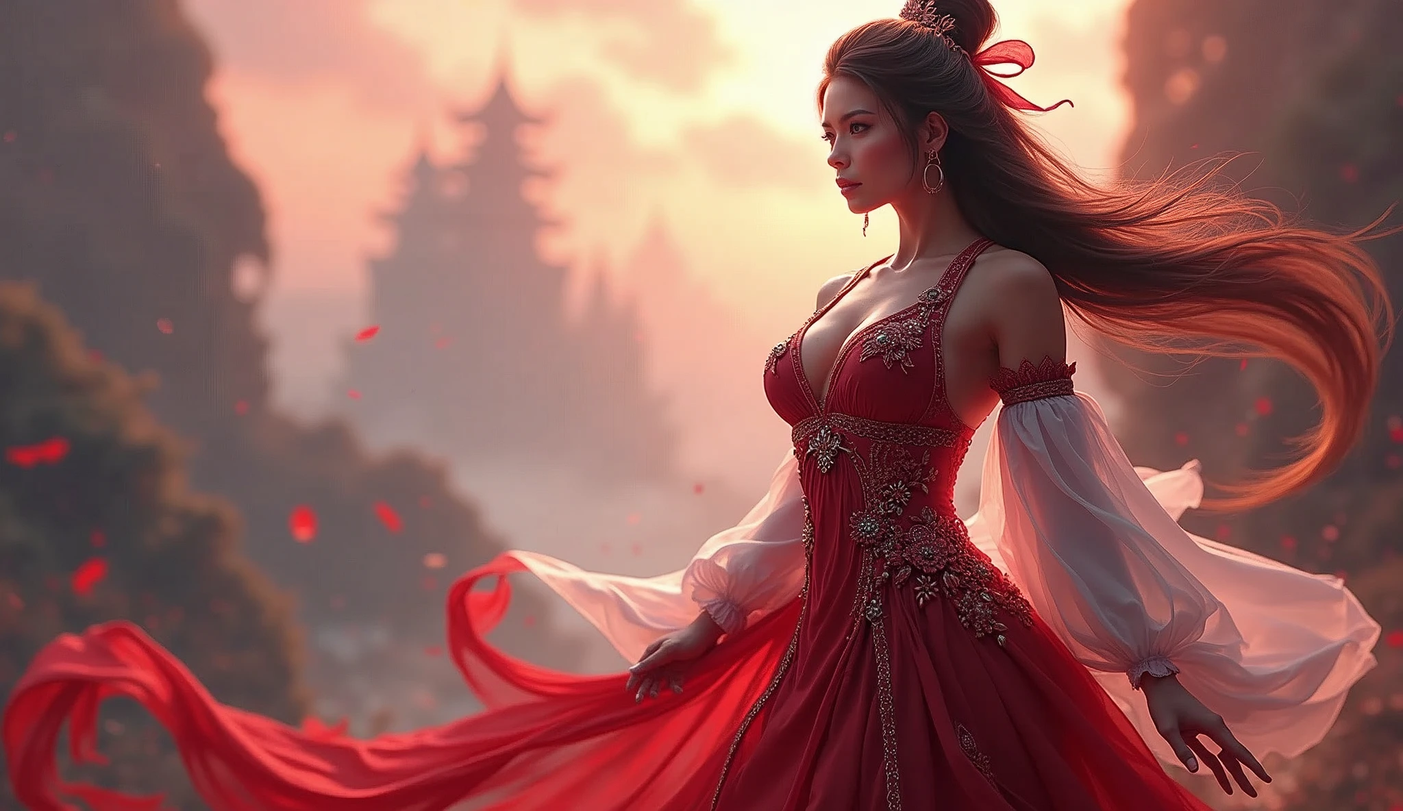 Indonesia as a south east asian curvy female League of Legend creature in carmine red and white colors. Intricated clothing. Cinematic Fantasy sci-fi landscape background