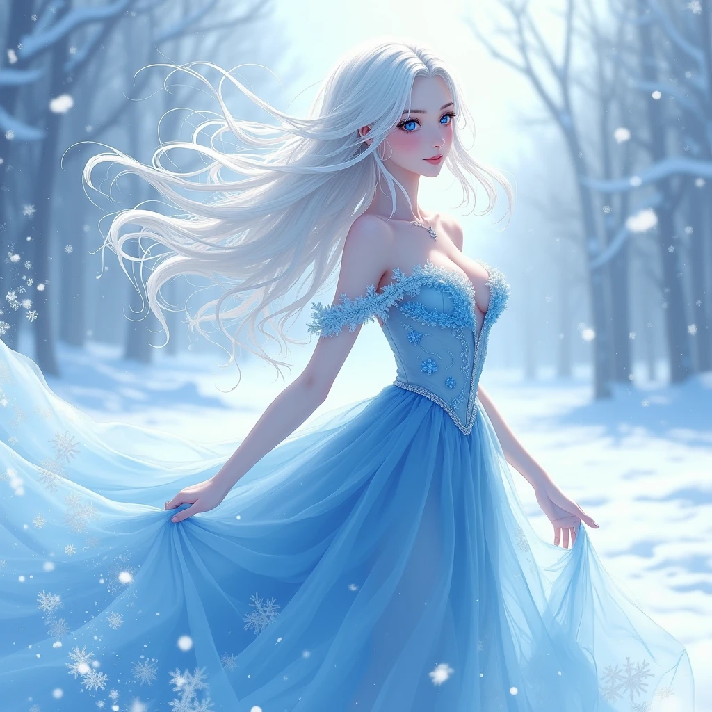 Anime Snow queen with snow on her surface her white hair is fluttering in air she is wearing a blue sexy dress she is enjoying the snow her blue eyes is full of surprises that's hidden on her heart.