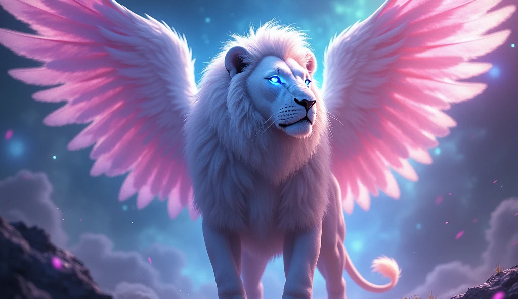 Digital fantasy artwork featuring a majestic lion with ethereal characteristics. The lion has a thick, flowing mane that is predominantly white with hints of pink and purple. Its eyes are glowing bright blue, adding a mystical element to its appearance. The lion's body is muscular and covered in short, white fur. The most striking feature is its large, vibrant wings, which are a gradient of pink and purple feathers, giving the creature an angelic yet powerful presence. The background is a cosmic scene with swirling nebulae and stars, enhancing the otherworldly atmosphere of the image.