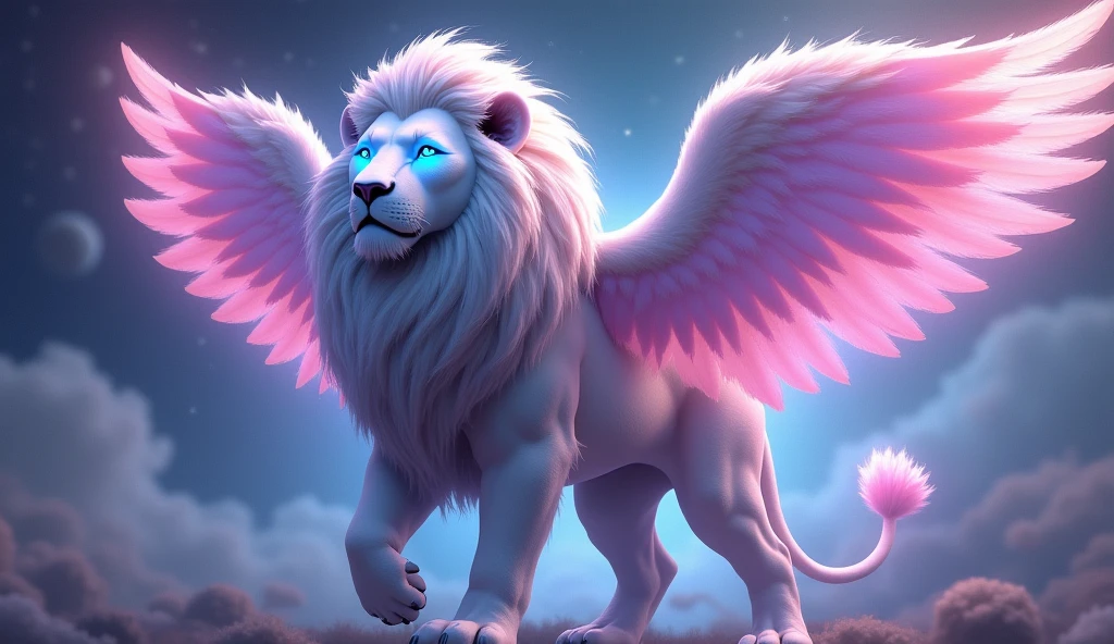 Digital fantasy artwork featuring a majestic lion with ethereal characteristics. The lion has a thick, flowing mane that is predominantly white with hints of pink and purple. Its eyes are glowing bright blue, adding a mystical element to its appearance. The lion's body is muscular and covered in short, white fur. The most striking feature is its large, vibrant wings, which are a gradient of pink and purple feathers, giving the creature an angelic yet powerful presence. The background is a cosmic scene with swirling nebulae and stars, enhancing the otherworldly atmosphere of the image.