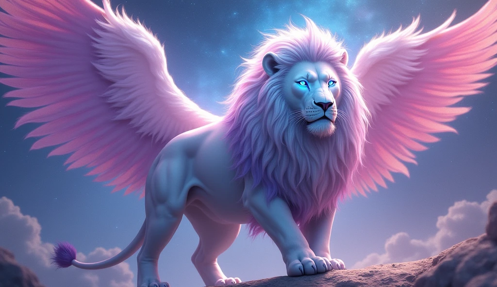 Digital fantasy artwork featuring a majestic lion with ethereal characteristics. The lion has a thick, flowing mane that is predominantly white with hints of pink and purple. Its eyes are glowing bright blue, adding a mystical element to its appearance. The lion's body is muscular and covered in short, white fur. The most striking feature is its large, vibrant wings, which are a gradient of pink and purple feathers, giving the creature an angelic yet powerful presence. The background is a cosmic scene with swirling nebulae and stars, enhancing the otherworldly atmosphere of the image.