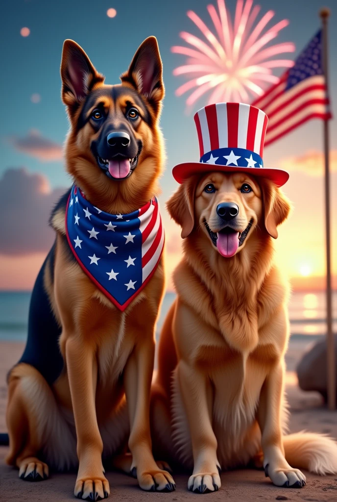 German shepherd and Golden Retriever in Independence day dress