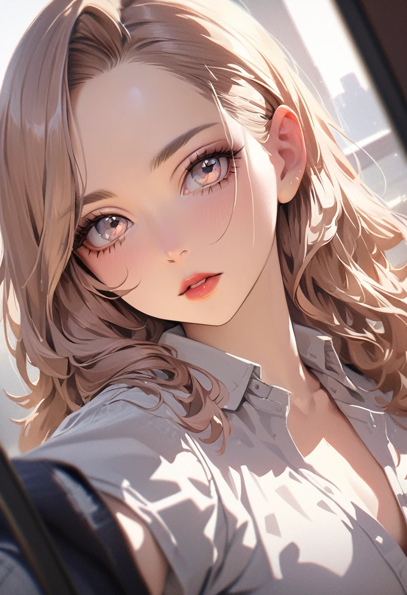 8K, Best Quality, Masterpiece, Ultra High Resolution, (Realism: 1.4), Original Photo, (Realistic Skin Texture: 1.3), (Film Grain: 1.3), (Selfie Angle), 1 Girl, Beautiful Eyes and Face Details, Masterpiece, Best Quality, Close-up, Upper Body, Looking at the Viewer
