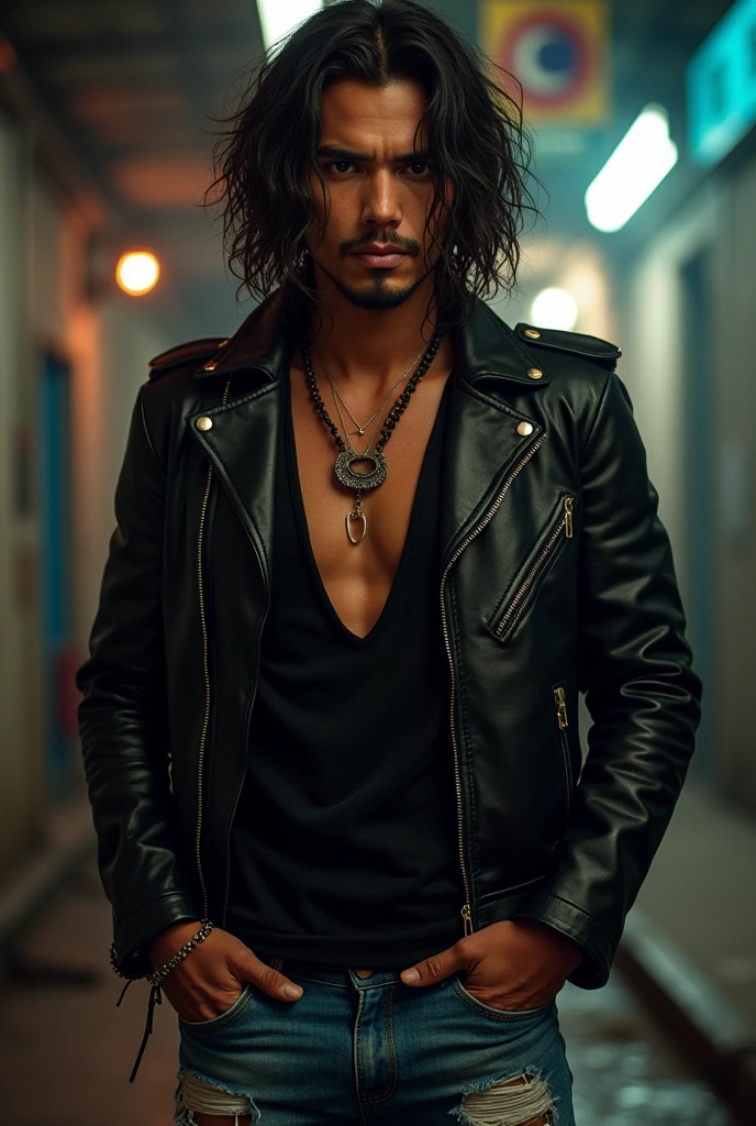 A Malay man .rock star in the 1990s, detailed portrait, intricate facial features, Malaysia timeline.wavy long hair, leather jacket, ripped jeans, dramatic lighting, moody atmosphere, gritty urban setting, cinematic composition, high contrast, vibrant colors, photorealistic, (best quality,8k,highres,masterpiece:1.2),ultra-detailed,(realistic,photorealistic,photo-realistic:1.37
