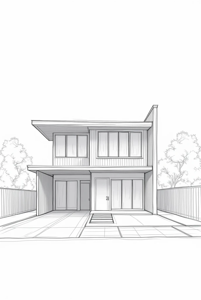 House, Malaysia, Detached, Narrow entrance exterior, Correct perspective, line-drawing, outlines, sketches, drafts, Medium omission, unmanned, grayscales