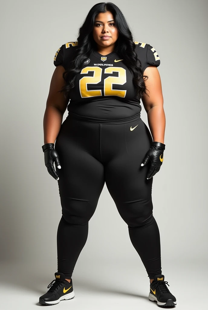 A photo of Emma Hughes, a quarterback for the female UCF Knights football team. Number 22. Very tall, very busty, very long black hair, white skin. (Colossal breasts:1.5) Full body photo 