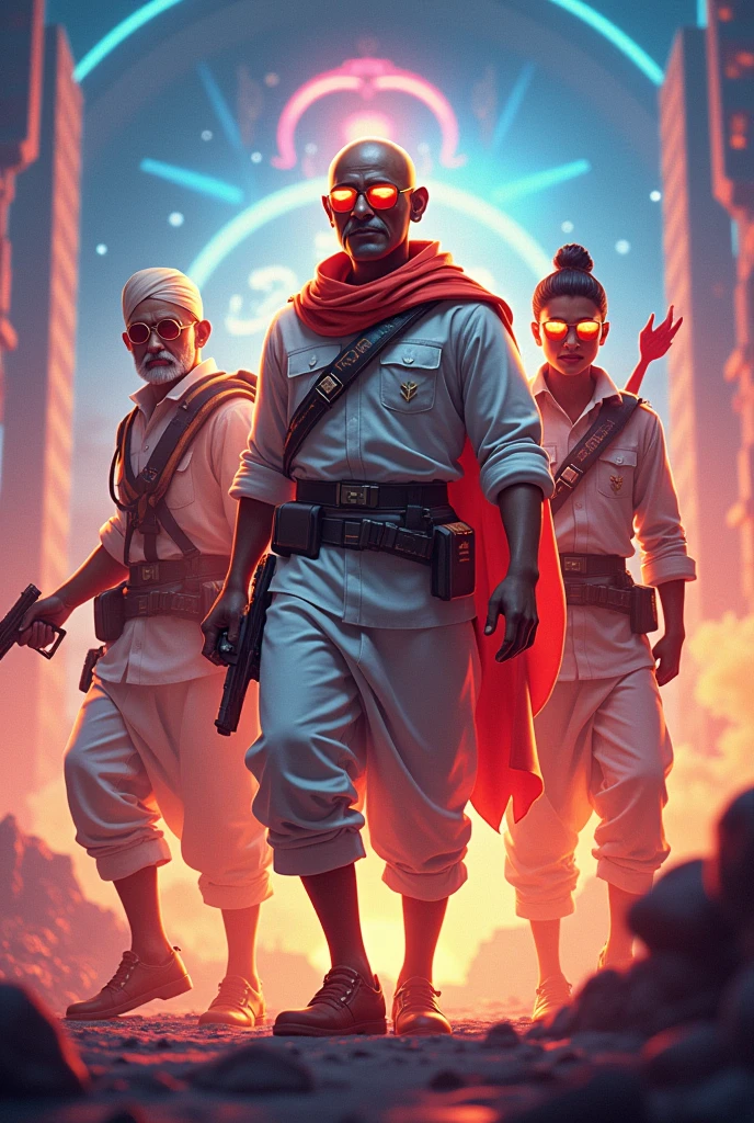 Create a poster featuring Indian Freedom Fighters as characters in a video game. Illustrate key figures like Mahatma Gandhi, Jawaharlal Nehru, and Subhas Chandra Bose in dynamic, game-like outfits and poses. Incorporate vibrant colors and futuristic elements to reflect a game setting. The design should be eye-catching and convey the energy of a gaming world while honoring the historical significance of these figures.”