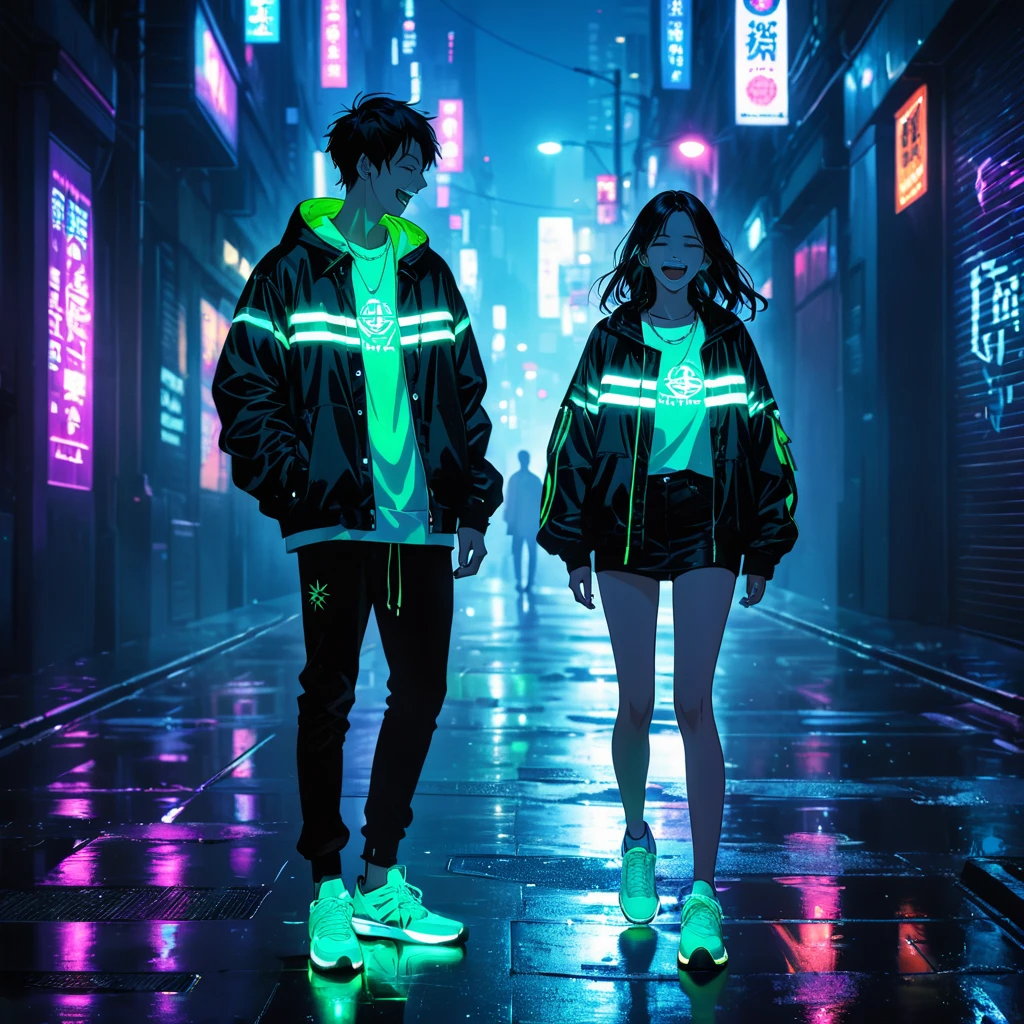 "An anime-style illustration of a man and a woman in darkness. The man is laughing, and both are dressed in street-style jackets and sneakers. Their outfits feature white fluorescent colors that make them visible in the dark. The woman's full body and the man's full body are clearly shown, with glowing White accents on their jackets and sneakers to highlight them against the dark, urban background."dark,
High resolution, masterpiece, accurate, bestquality, High detail, high quality, Very detailed, dark,longhairVery detailed, Ultra high definition,