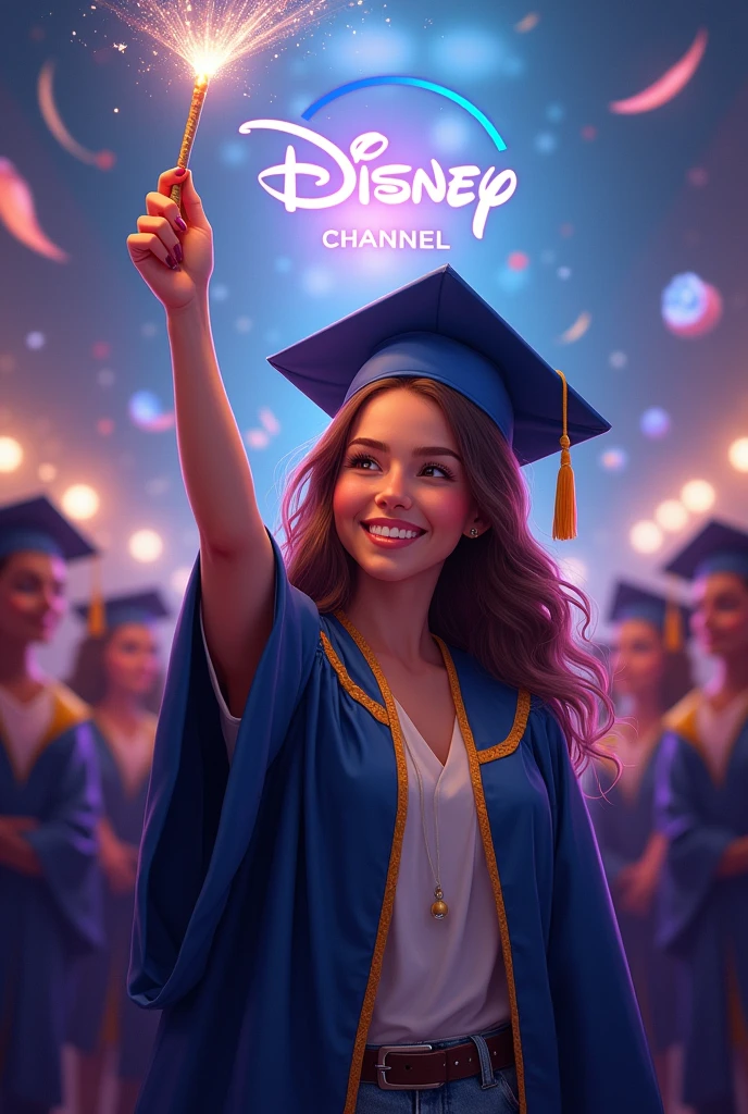 Crea uan imagen donde una graduanda mujer haga el logo de disney channel con una barita y que salga "We are promo 66 and you are watching our senior year"