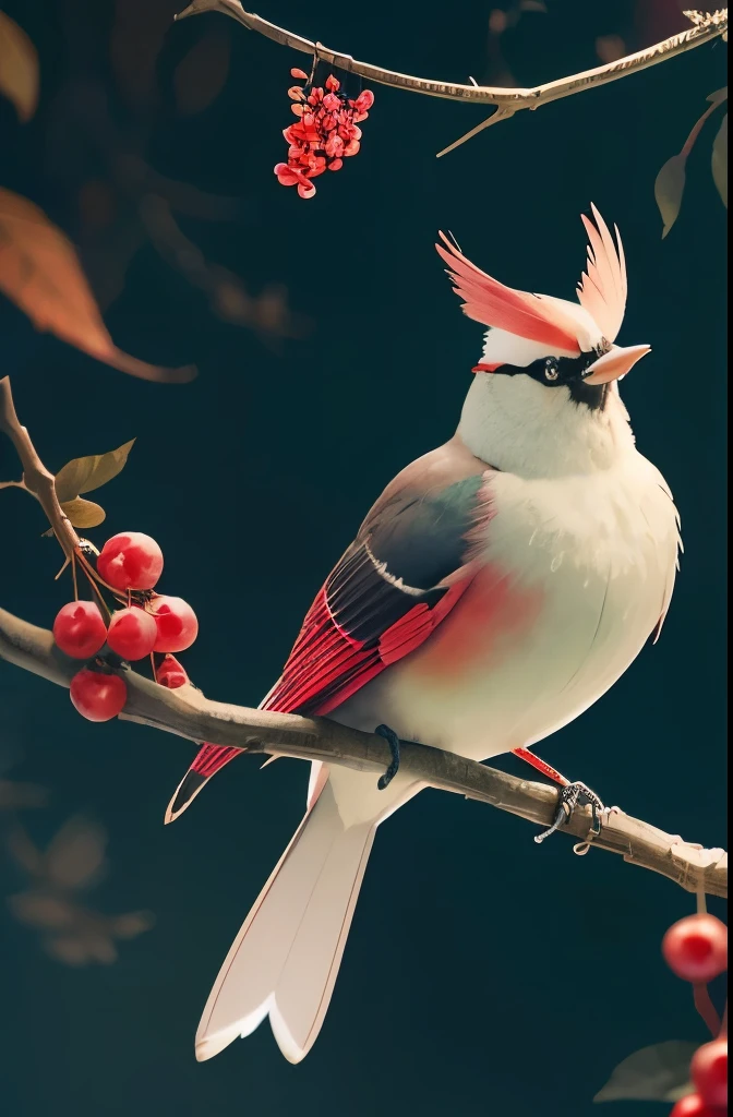 there is a bird that is sitting on a branch with berries, by Charles Bird King, beautiful nature, beautiful!!!!!!!!!, incredibly beautiful, beautiful and graceful, beautiful gorgeous, gorgeous beautiful, gorgeous and beautiful, inspired by Charles Bird King, ethereal bohemian waxwing bird, surrealistic bird, bird, beautiful detail, inspired by Paul Bird, a surrealistic bird, amazing beauty
