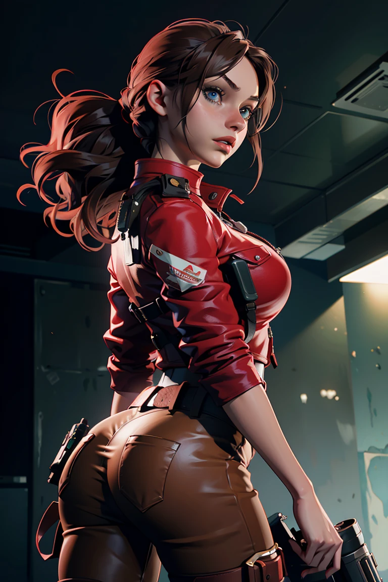 A stunning ultra high quality artwork, ultra realistic masterpiece, 8k , vivid colors, HDR,  in Ultra-HD, Claire Redfield from Resident evil, a 30 year old beautiful and seductive girl, detailed face, huge natural round breasts, long brown hair, amazing eyes, makeup, extremely sexy , a red jacket, extremely tight white cropped top with a huge necklace, big round butt , belt, holster, epic resident evil character composition . . alessio albi, nina masic, sharp focus, natural lighting, subsurface dispersion, f2, 35mm