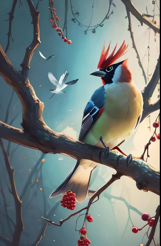 there is a bird that is sitting on a branch with berries, by Charles Bird King, beautiful nature, beautiful!!!!!!!!!, incredibly beautiful, beautiful and graceful, beautiful gorgeous, gorgeous beautiful, gorgeous and beautiful, inspired by Charles Bird King, ethereal bohemian waxwing bird, surrealistic bird, bird, beautiful detail, inspired by Paul Bird, a surrealistic bird, amazing beauty