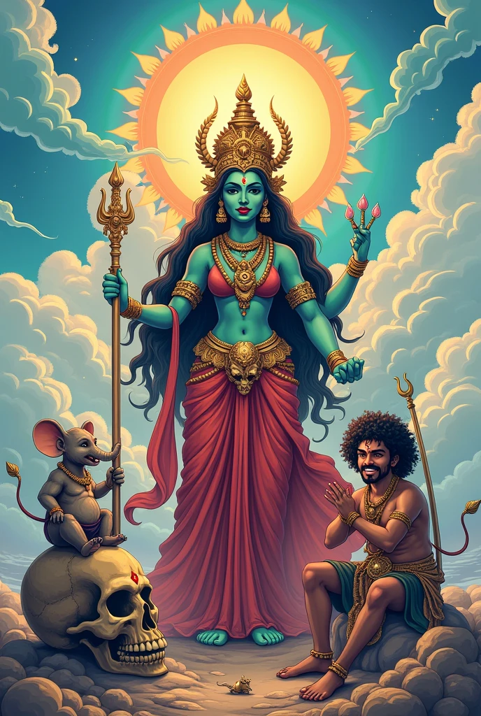 Big Mother mahakali with skull necklace at center  and Ganesh sitting on skull and murugan are laughing at the clouds ,heaven , cartoon, cool , smart , small ears , manga, sun shine , rainbow , mouse , peacock