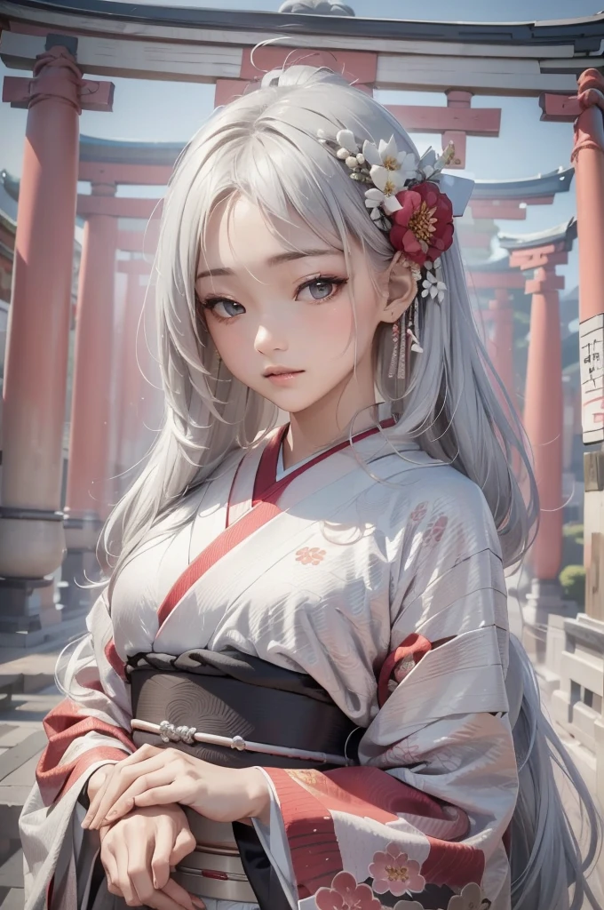 ((masterpiece:1.5,Highest quality,Beautiful images、Abstract、artistic、)(One person, solo)(Medium chest, Silver Hair、Long Hair、kimono, japanese cloth,Flower pattern kimono、Black and red kimono)(Profile portrait,Look at me sideways、Look at an angle、shake your head、Sad look, Floating Hair)(Gray background)((from the front:1.3)).face, style