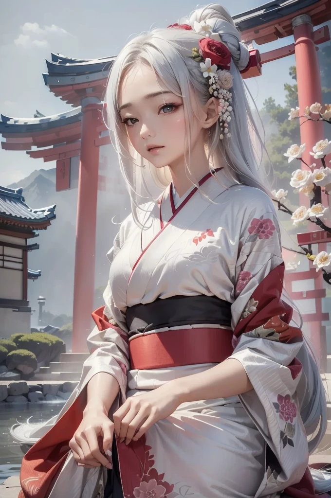 ((masterpiece:1.5,Highest quality,Beautiful images、Abstract、artistic、)(One person, solo)(Medium chest, Silver Hair、Long Hair、kimono, japanese cloth,Flower pattern kimono、Black and red kimono)(Profile portrait,Look at me sideways、Look at an angle、shake your head、Sad look, Floating Hair)(Gray background)((from the front:1.3)).face, style