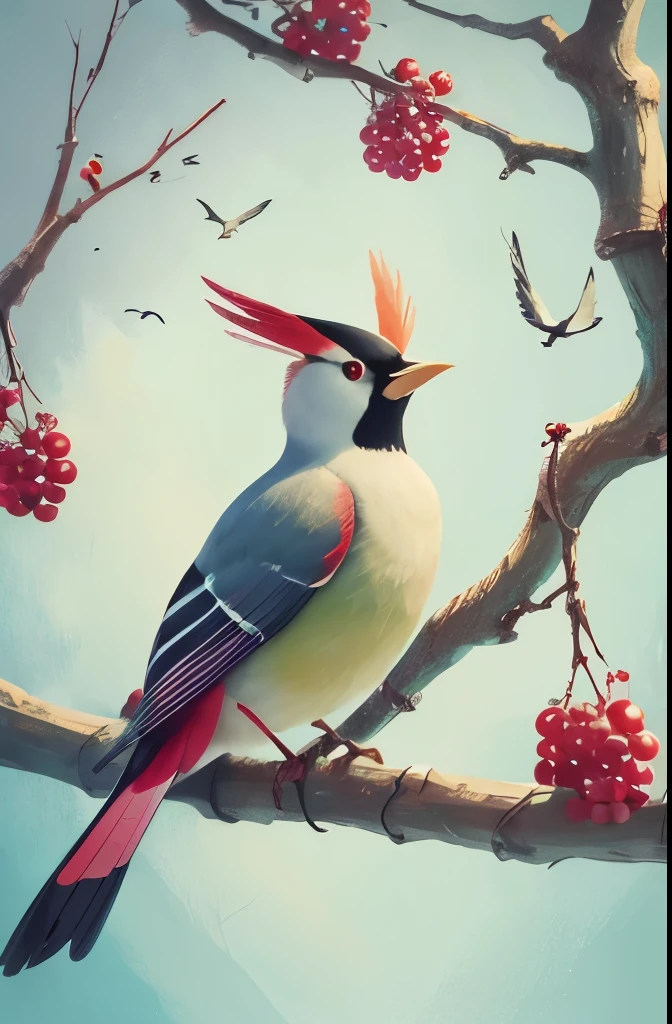 there is a bird that is sitting on a branch with berries, by Charles Bird King, beautiful nature, beautiful!!!!!!!!!, incredibly beautiful, beautiful and graceful, beautiful gorgeous, gorgeous beautiful, gorgeous and beautiful, inspired by Charles Bird King, ethereal bohemian waxwing bird, surrealistic bird, bird, beautiful detail, inspired by Paul Bird, a surrealistic bird, amazing beauty