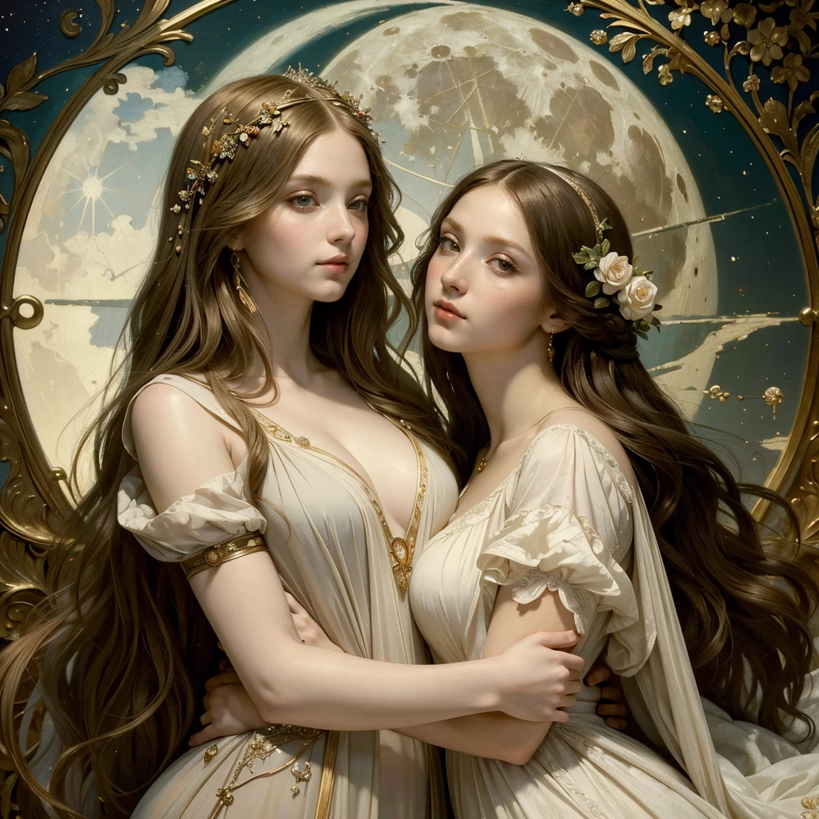 (masterpiece, highest quality, official art, beauty and aesthetic:1.5), oil painting by Leonardo da Vinci and Alfons Maria Mucha, (perfect anatomy), two gorgeous and stunning pale-skinned young pregnant goddesses is deeply in love with each other, kiss, fantastic make-up, jewelry, romantic atmosphere, flower and moon, magnificent panorama view