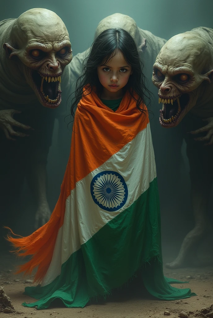 a picture of vulnerable teenage girl wrapped around an Indian flag, her mouth shut with duct tape with a lot of men around her dressed as monsters