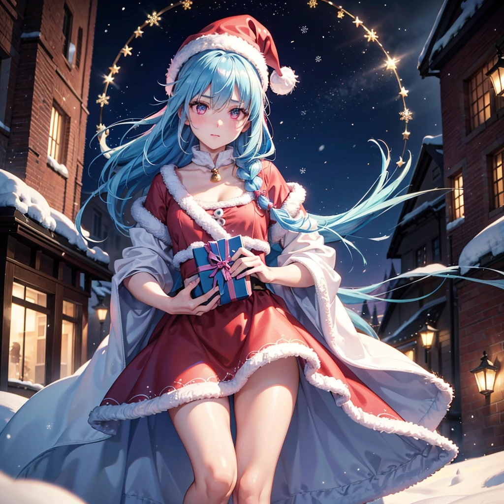 (Sky blue hair tied in a single strand),(Pink Eyes),Fair Skin,Full Body,Alone,Santa Claus Clothes,Giant Christmas Tree in the Background,Snowy Night,Sparkling Night Sky,gift box,Masterpiece, Top Quality, Very Detailed, Best Shadows,Detailed Background,Beautifully Detailed Face,High Contrast,Best Lighting, Very Delicate and Beautiful,Cinematic Light,Hyper Detail,8k,Dramatic Light,Exquisite Detail,