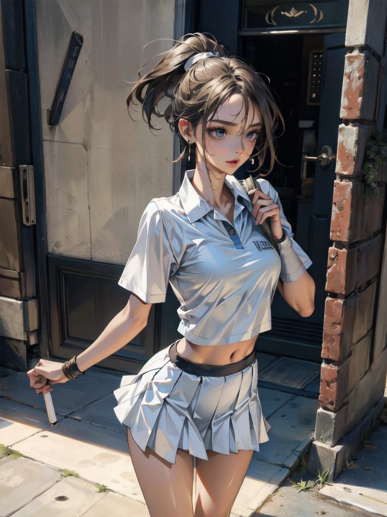 absurdres, RAW photo, extremely delicate and beautiful, masterpiece, Best Quality, ultra high resolution, 32k, hyperrealistic, ultra-detailed, detailed description, perfect figure, perfect shape, perfect anatomy, pale skin, 20 years old, detailed beautiful face and eyes, tearful mole, earring, short medium hair, wavy hair, full body shot, medium tits, tennis uniform, polo shirt, tight mini skirt,