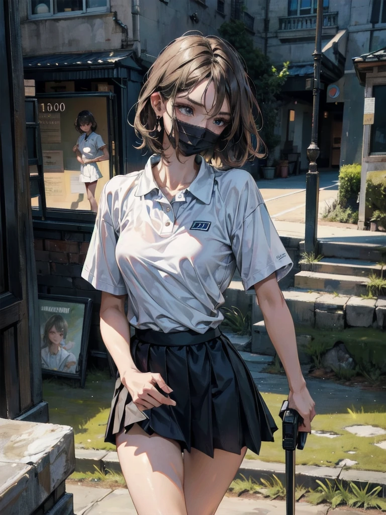 golf uniform, shorts, absurdres, RAW photo, extremely delicate and beautiful, masterpiece, Best Quality, ultra high resolution, 32k, hyperrealistic, ultra-detailed, detailed description, pale skin, 20 years old, tearful mole, earring, big tits, short medium hair, wavy hair, whole body shot,
