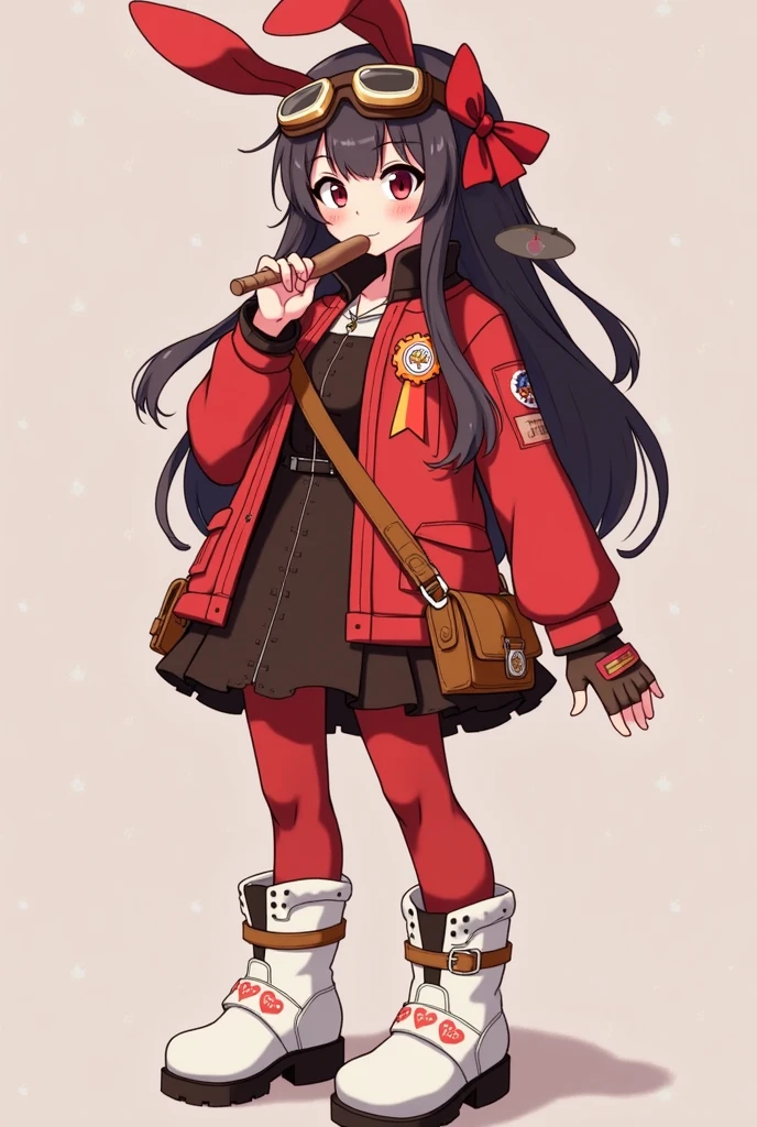 https://genshin-impact.fandom.com/wiki/Amber She have a dark brown hair and wears a red bow that is shaped like a bunny ears, brown pilot goggles, two small bags with leather belts, a red and brown glove, a Pyro sigil emblazoned on the red and orange ribbon, red jacket with long sleeves, a dark brown jumper outfit, and red stock on the white boots has symbols on it. She have a lesbian pin on her jacket. She syly smiles blushing. She have long dark brown hair! Lesbian pin on jacket. She have chocolate pocky stick in mouth. 