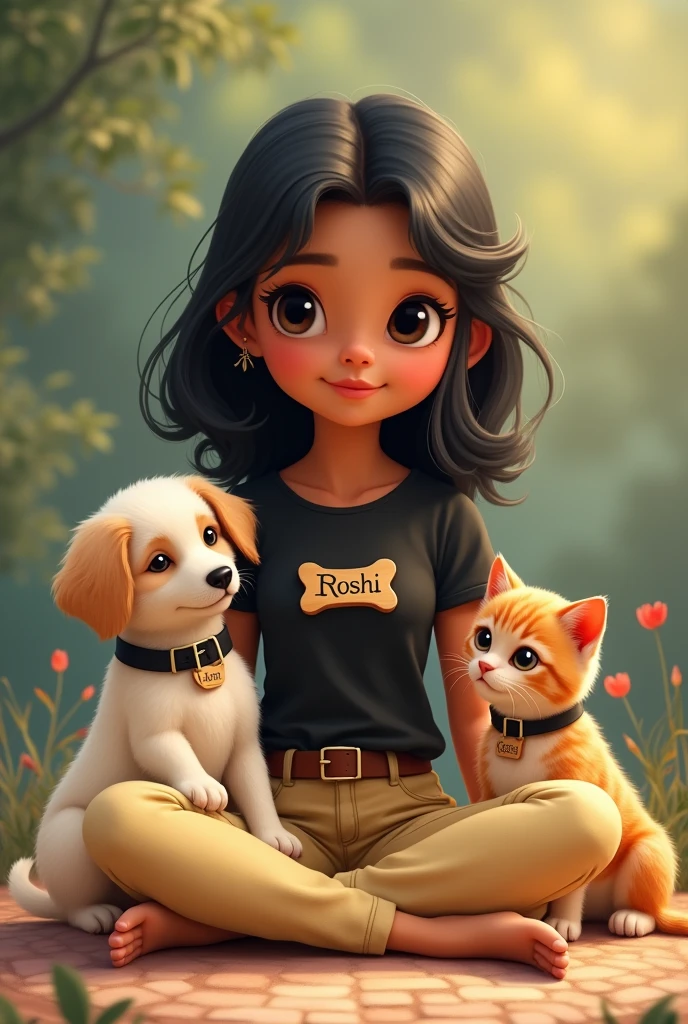 A fair indian girl sit between a puppy and a kitten.She wear a black t shirt named "Roshi" and butter colour jeans. The puppy has a wooden bone shaped name tag named " Ram"and a black belt. The kitten has a wooden heart shaped name tag named "Ginger"and black belt.